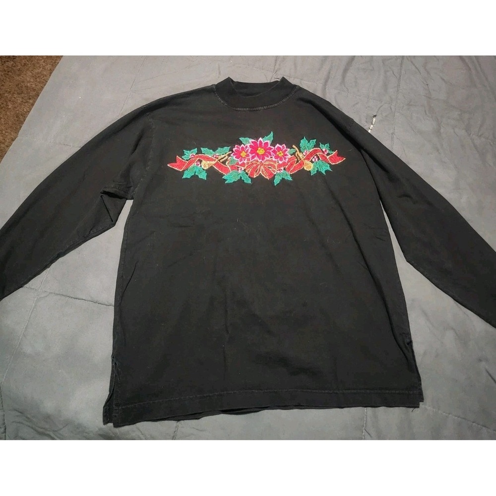 Vintage Womens Cove Creek Embroidered Christmas Floral‎ Long Sleeve Top Large